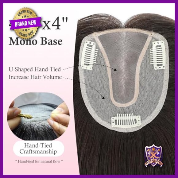 12 Inch Human Hair Topper for Thinning Hair, Mono Base with Clips main image 6